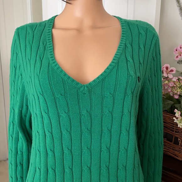 Ralph Lauren green cable logo v neck sweater - Picture 4 of 9